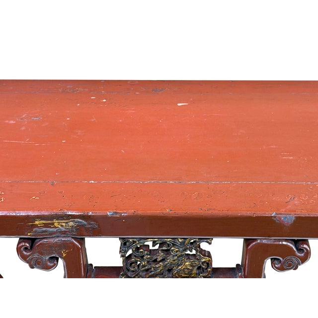 Distressed Reddish Brown Trapezoidal Geometric Lattice Panel Console Table For Sale - Image 9 of 13