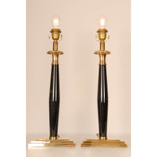 Vintage Italian Table Lamps Black Marble and Gold a Pair For Sale - Image 6 of 12