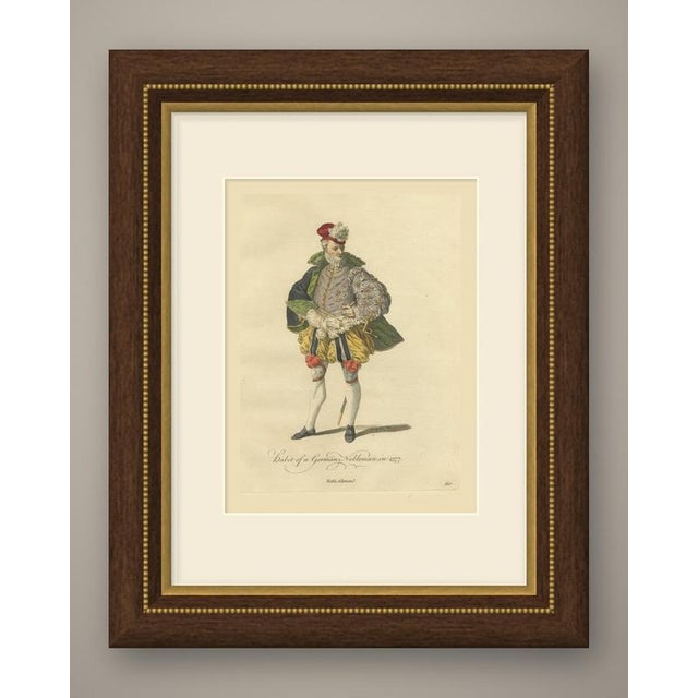This is an original antique copper engraving with hand coloring, lettered "habit of a german nobleman, in 1577." it is...