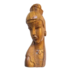 Mid-Century Wood Statue of a Lady Asian Wood Carved Headpiece Statue