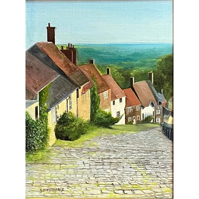 Oil painting on hand stretched linen of Gold Hill, Shaftesbury, England, overlooking Thomas Hardy’s Blackmore Vale, with...