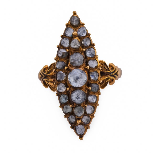 Victorian Late 19th Century Victorian 1.60 Carat Rose Cut Diamond 14k Rose Gold Navette Ring, Size 9 For Sale - Image 3 of 8