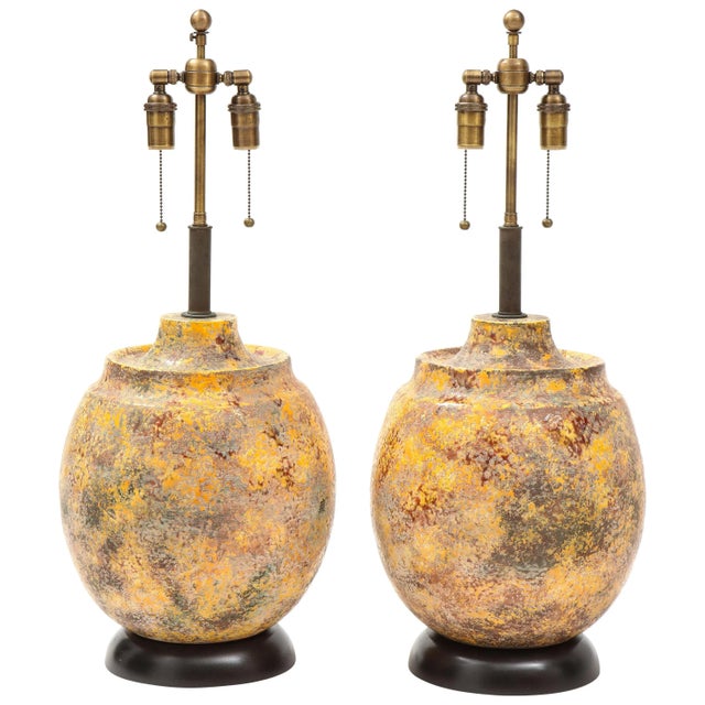 Large Italian Ceramic Lamps with a "Scavo" Glazed Finish - A Pair For Sale - Image 10 of 10