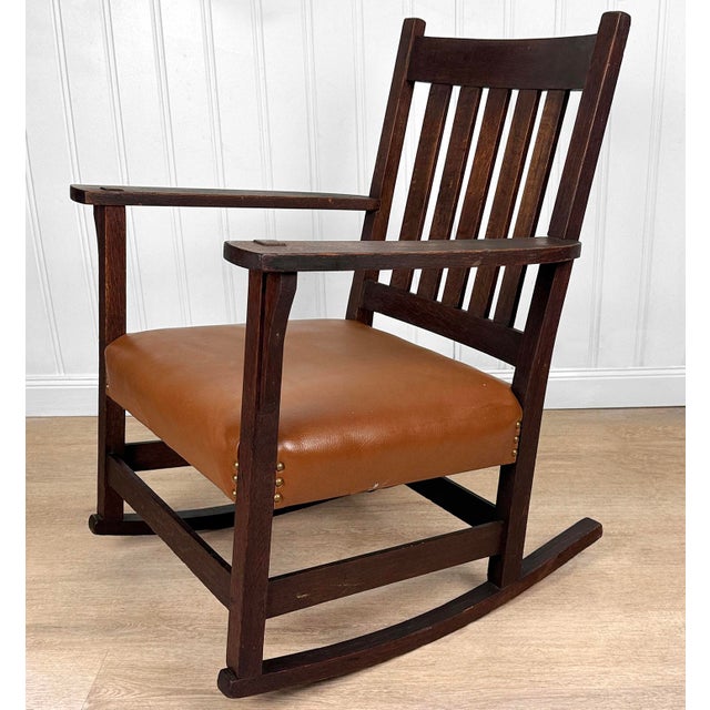 - An Original 1900's Unsigned Arts & Crafts Rocker - Solid Oak with an Aged Deep Satin Finish - Attractive Quartersawn...