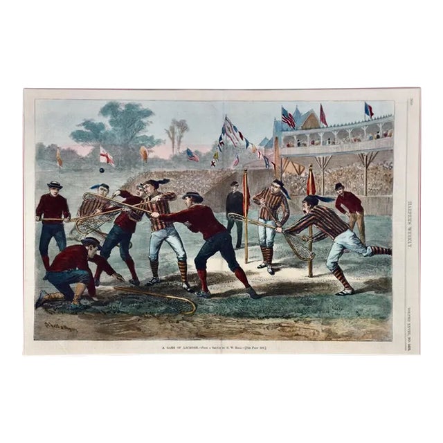 "A Game of Lacrosse": A Hand-colored 19th Century Woodcut Engraving by Hall, 1884 For Sale
