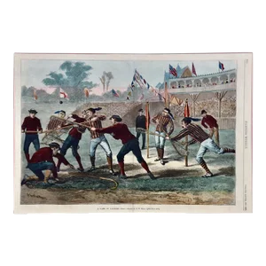 "A Game of Lacrosse": A Hand-colored 19th Century Woodcut Engraving by Hall, 1884