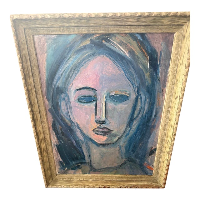 Mid 20th Century Expressionist Portrait of a Woman, Oil, in Carved Limed Frame For Sale