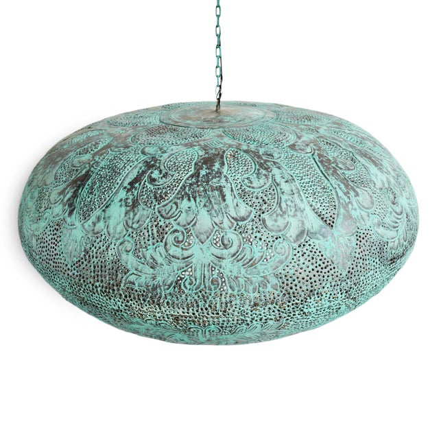 Moroccan Balinese Boho Verdigris Copper Utan Pendant Light X-Large For Sale - Image 3 of 10