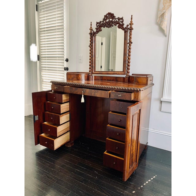 Traditional Antique Burr Walnut English Regency Pedestal Dressing Table For Sale - Image 3 of 9
