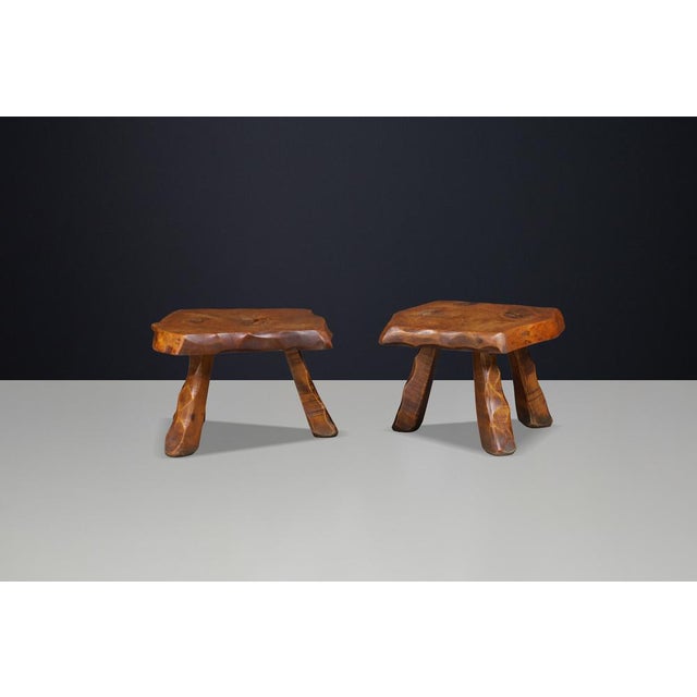 Brutalist Elm Side Tables, France, 1960s, Set of 2 For Sale - Image 12 of 17