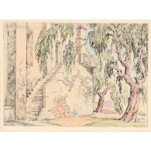 Delicate and detailed etching by Orpha Klinker (American, 1891-1964). At the edge of an old Adobe building, a staircase...