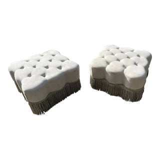 Pair of White Tufted Ottomans For Sale