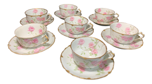 French Limoges Porcelain Baltimore Rose With 24k Gold Trim Tea Cups and Saucers - Service for 7