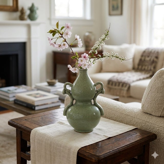 Ceramic Chinese Ceramic Crackle Pattern Gourd Shape Celadon Green Vase For Sale - Image 7 of 8