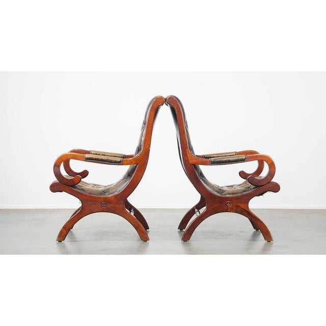 Set of Set of Vintage English Chesterfield Armchairs in Green Cowhide and Wood For Sale - Image 4 of 15