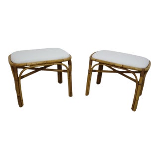 Pair of 1970s Italian Rattan and Bamboo Stools With White Boucle Upholstery For Sale