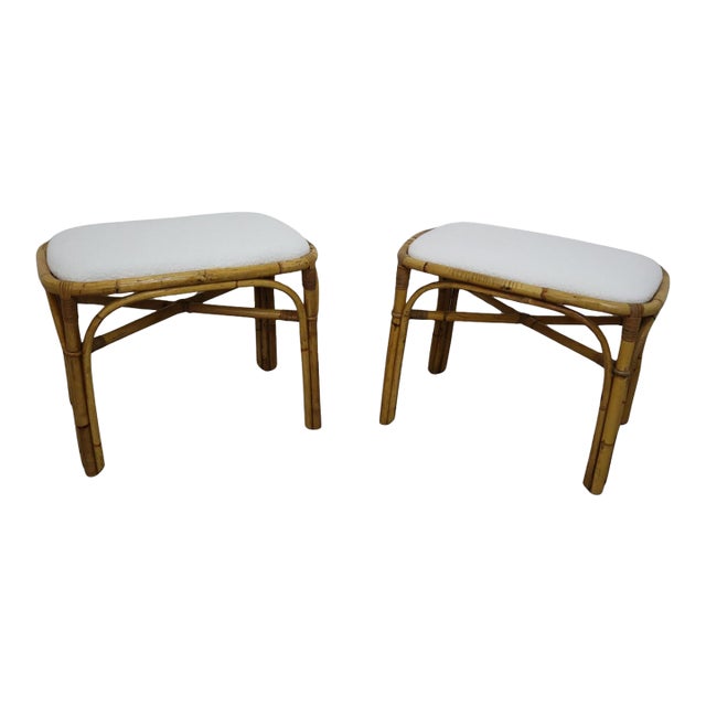 Pair of 1970s Italian Rattan and Bamboo Stools With White Boucle Upholstery For Sale