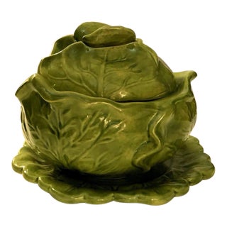 1960s Majolica Lidded Cabbage Tureen With Plate by Holland Mold - Set of 3 For Sale