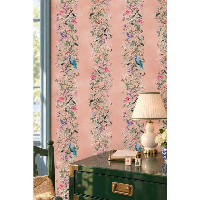 Not Yet Made - Made To Order Mahjong Floral Stripe Grasscloth Wallpaper by House Party | Coral Crack | 6 Yards For Sale - Image 5 of 10