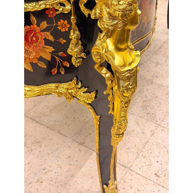 1960s Museum Quality Rococo Marquetry Secretary Black & Gold Writing Bureau For Sale - Image 10 of 10