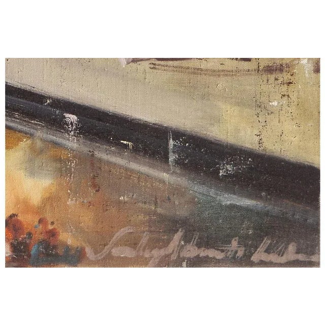 A substantial and period figural interior scene showing a view of an elegantly dressed young woman with opera glasses...