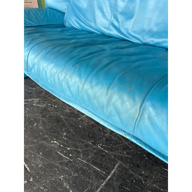 Vintage Postmodern Italian Nicoletti Attrb Blue Leather Sofa For Sale - Image 10 of 12