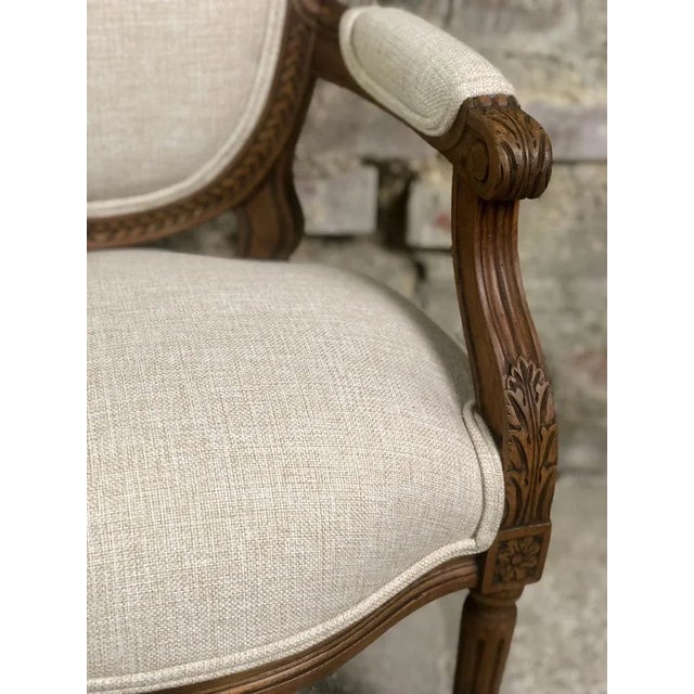 1980s Louis XVI Style Carved Walnut Armchair with Beige Upholstery For Sale - Image 5 of 11