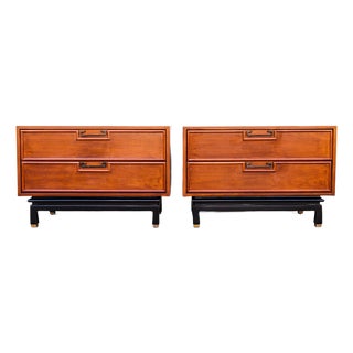1960s Restored American of Martinsville Walnut & Brass Two Drawer Commodes / Nightstands For Sale