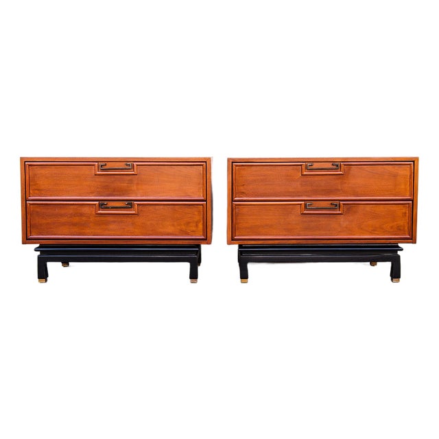 1960s Restored American of Martinsville Walnut & Brass Two Drawer Commodes / Nightstands For Sale