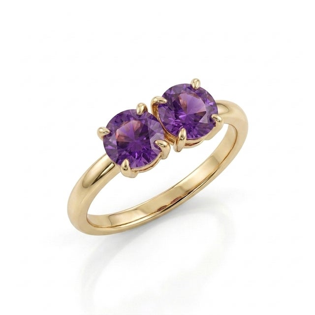 Natural Amethyst Two-Stone Ring • 18k Gold Plating Toi Et Moi Gemstone Ring • February Birthstone Jewelry Us 7 For Sale - Image 4 of 4