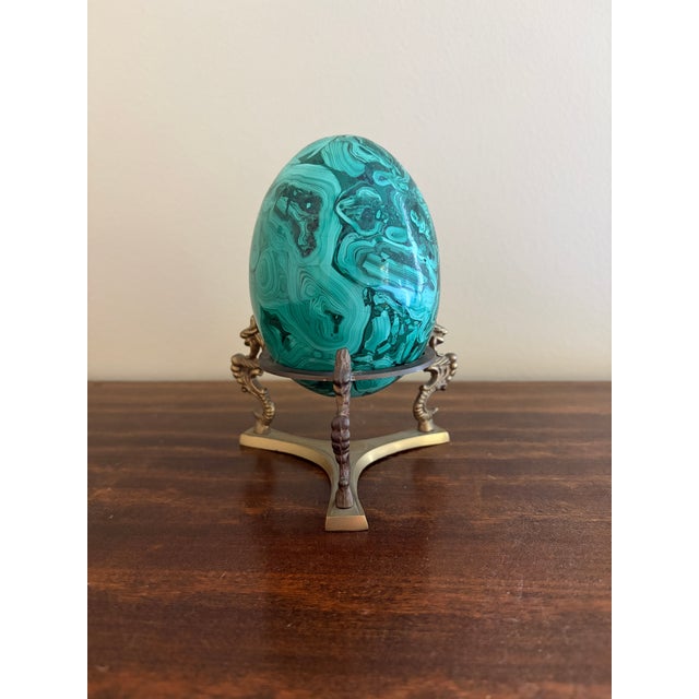 Metal Large Solid Malachite Egg on Neoclassical Brass Stand For Sale - Image 7 of 10