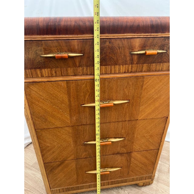 Wood 1920s Art Deco Dresser Chest Four Drawers Bakelite Brass Pulls Waterfall Top For Sale - Image 7 of 10