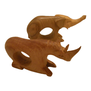 1970s Wood Napkin Rings African Elephant + Rhino From Kenya Africa 2 Hand Carved Napkin Holders