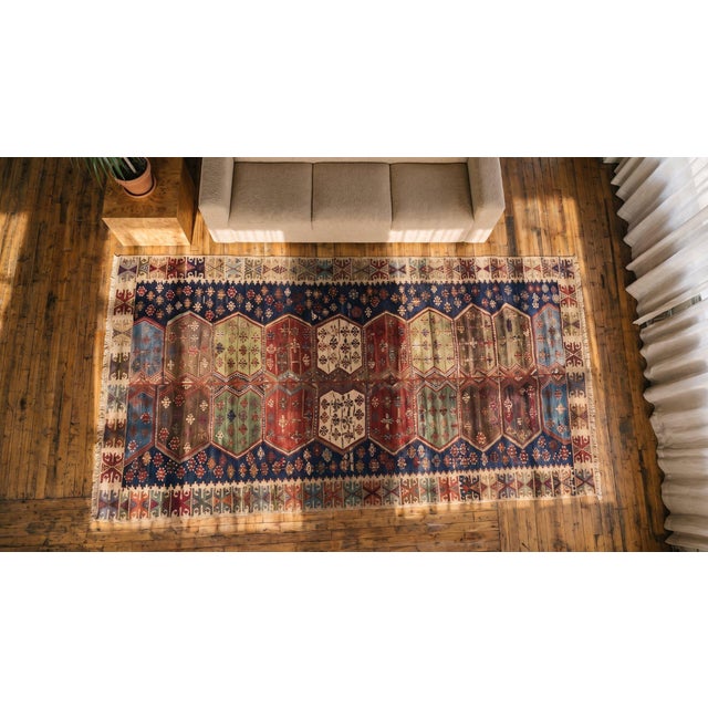 Navy Blue 1850s Multicolor Geometric Kilim Antique Turkey Rug Flat Weave Rug 5'0" X 10'8" Wool Carpet For Sale - Image 8 of 8