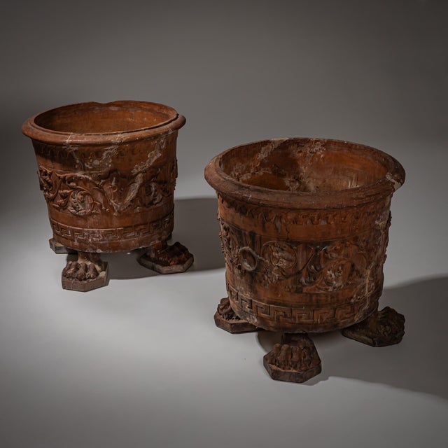 Large Terracotta Planters on Lion's Paw Feet, Italy, Late 19th-Early 20th Century, Set of 2, in Good conditions. Designed...
