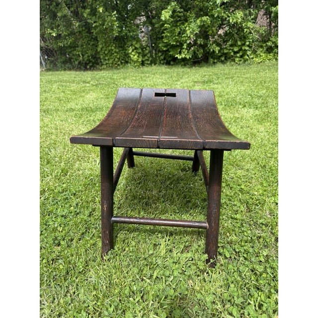 Brown Mid-Century Arts & Crafts Solid Oak Wood Bench Stool Curved Seat Rustic For Sale - Image 8 of 17