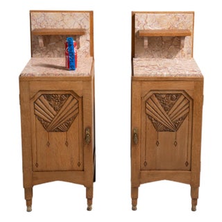 1910s Pair Of Art Noveau Side Tables With Marble Tops And Carved Panels For Sale