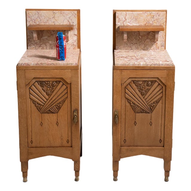 1910s Pair Of Art Noveau Side Tables With Marble Tops And Carved Panels For Sale