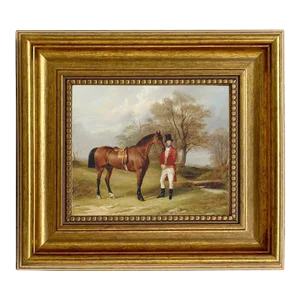 Gentleman Standing Beside Saddled Hunter Framed Oil Painting Print on Canvas in Antiqued Gold Frame 5 X 6" Framed to 8-1/2 X 9-1/2".