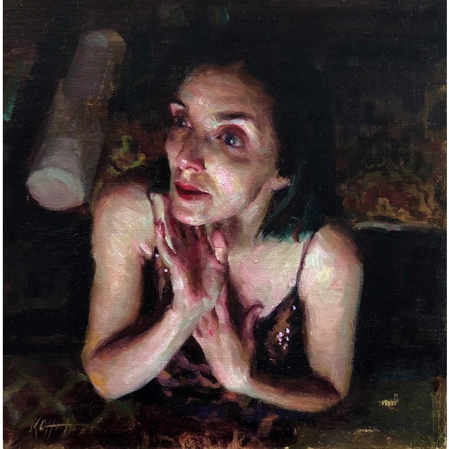 The Awakening by Karen Offutt | Oil Painting of a woman in deep thought with hands on her face For Sale