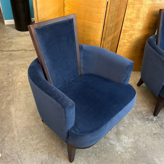 Mid Century Modern Plush Navy Cushion and Wood Arm Chair For Sale - Image 9 of 10