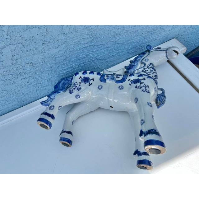 Vintage Blue & White Ceramic Tang Dynasty War Horse For Sale - Image 12 of 12