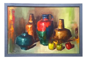 Mid-Century Modern Original Custom Framed Signed Oil Painting "Still Life With Apples"