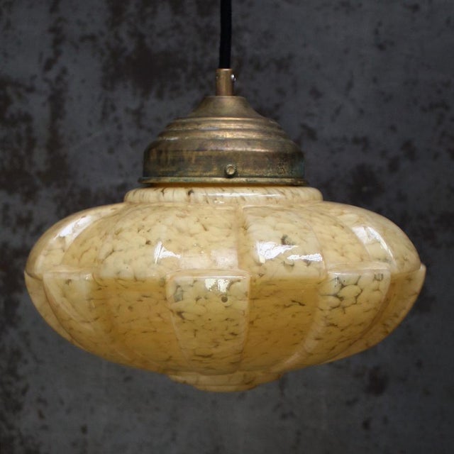 French Art Deco Yellow Reeded Clichy Glass Pendant Lamp For Sale - Image 4 of 8