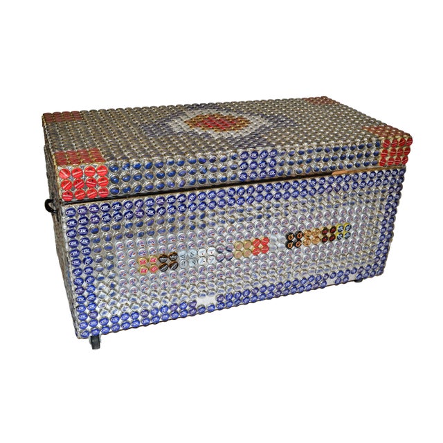 Modern Folk Art Beer Bottle Caps Wood Blanket Chest on Casters For Sale - Image 12 of 13