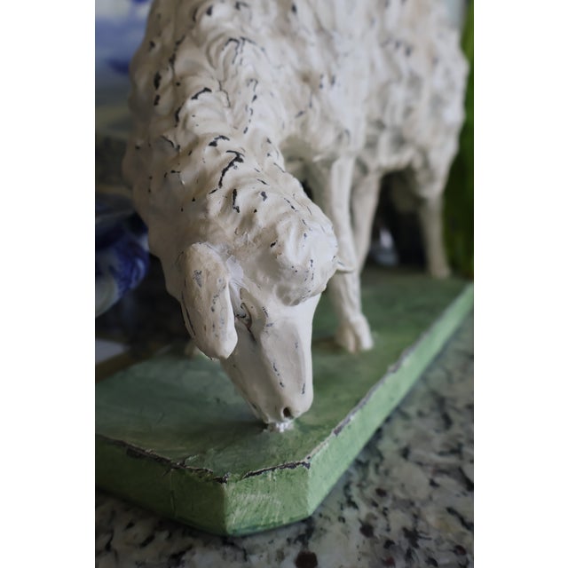 Paint Vintage Hand-Painted English Country Grazing Sheep Sculpture on Green Plinth For Sale - Image 7 of 18