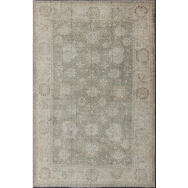 Early 21st Century Large Turkish Oushak Rug With Large-Scale All-Over Blossom Design in Taupe, Pale Moss Green and Cream For Sale - Image 5 of 5