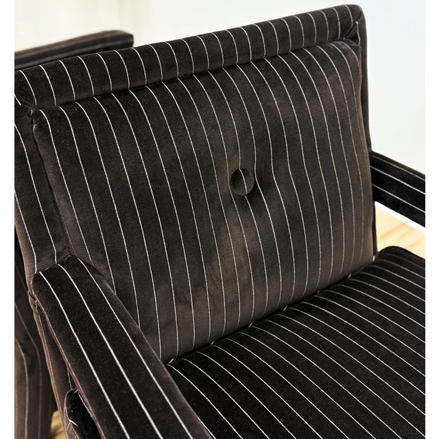 Vintage Newly Upholstered Luxe Chocolate Brown Pinstripe Velvet Parsons Chairs, a Pair For Sale - Image 9 of 12