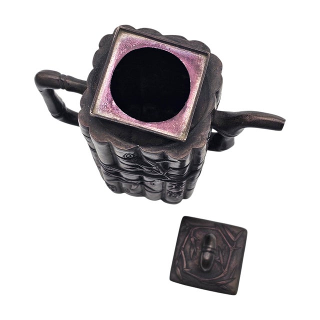 Vintage Chinese Bamboo-Form Cast Metal Teapot Sculpture With Relief Motifs (7.5") For Sale - Image 11 of 16