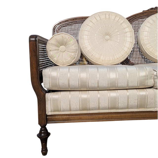 Late 20th Century French Provincial Cane Back Sofa With Striped Upholstery For Sale - Image 4 of 18